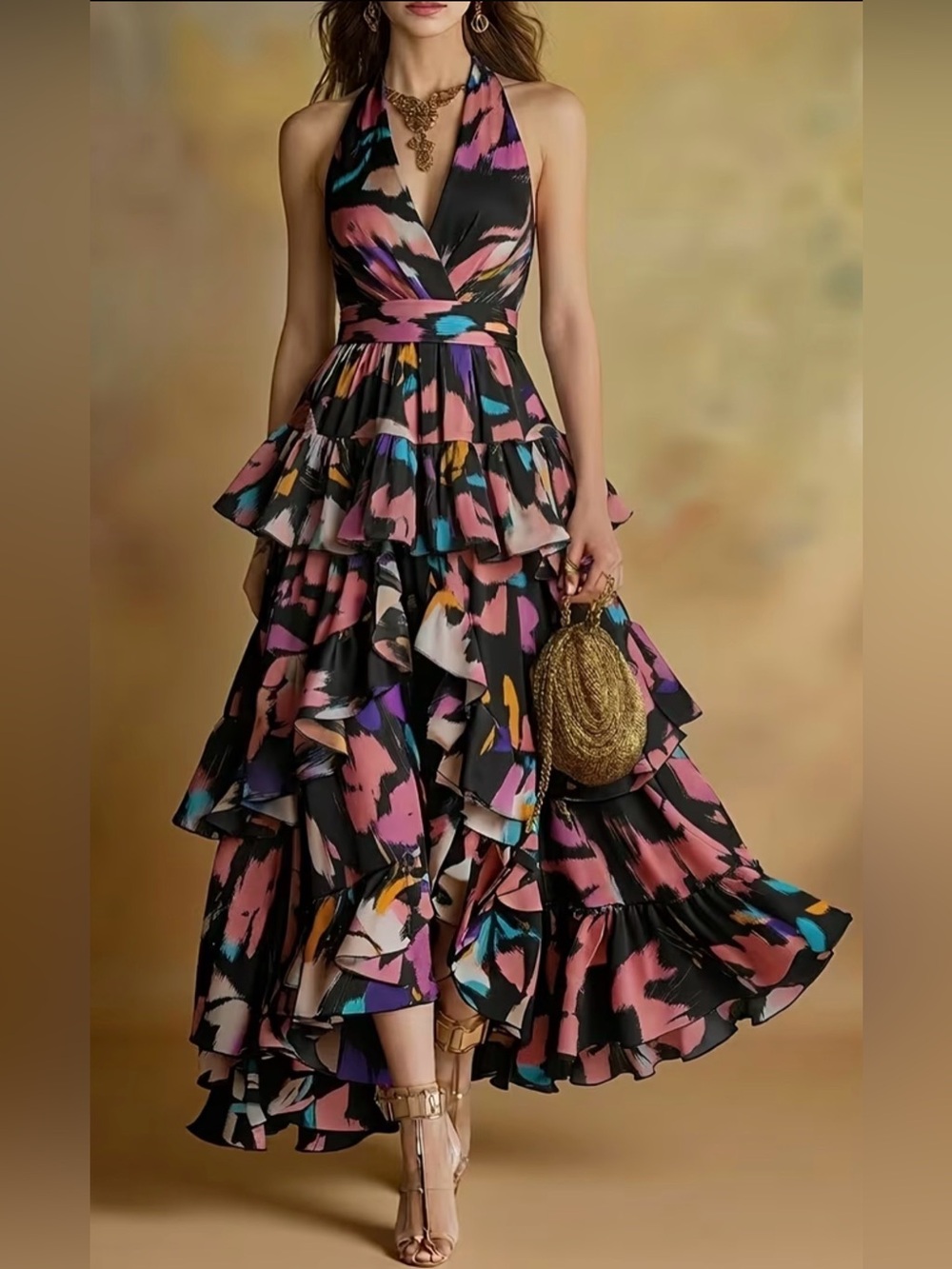 Halter Tiered Floral-Print Ruffle Maxi Dress - Black/Pink